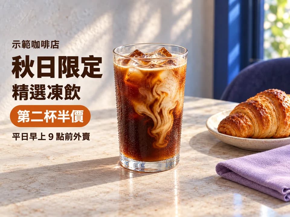咖啡店宣傳貼文圖片：桌上一杯凍咖啡，左邊寫住秋日限定、精選凍飲、第二杯半價